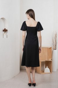 Calani Ruched Crochet Midi Dress In Black (XS)