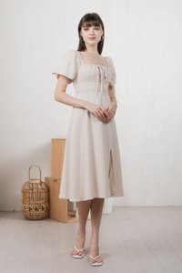 Calani Ruched Crochet Midi Dress In Cream (XS)