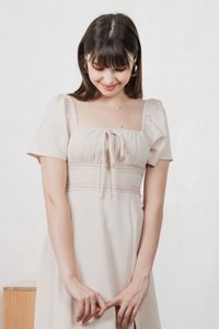 Calani Ruched Crochet Midi Dress In Cream (XS)