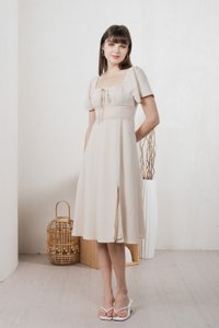 Calani Ruched Crochet Midi Dress In Cream (XS)