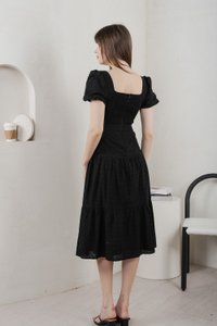 Bambi Ribbon Embroidery Tiered Midi Dress In Black (XS)