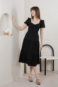 Bambi Ribbon Embroidery Tiered Midi Dress In Black (XS)