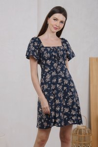 Frost Floral Ruched Ribbon Dress In Navy (XS)