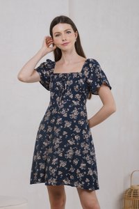 Frost Floral Ruched Ribbon Dress In Navy (XS)