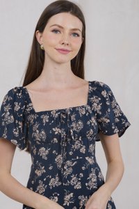 Frost Floral Ruched Ribbon Dress In Navy (XS)