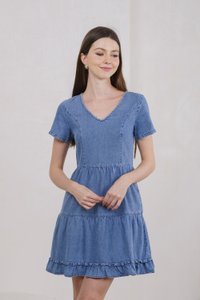 Ryleigh Denim Tiered Ruffles Dress In Dark Wash (XS)