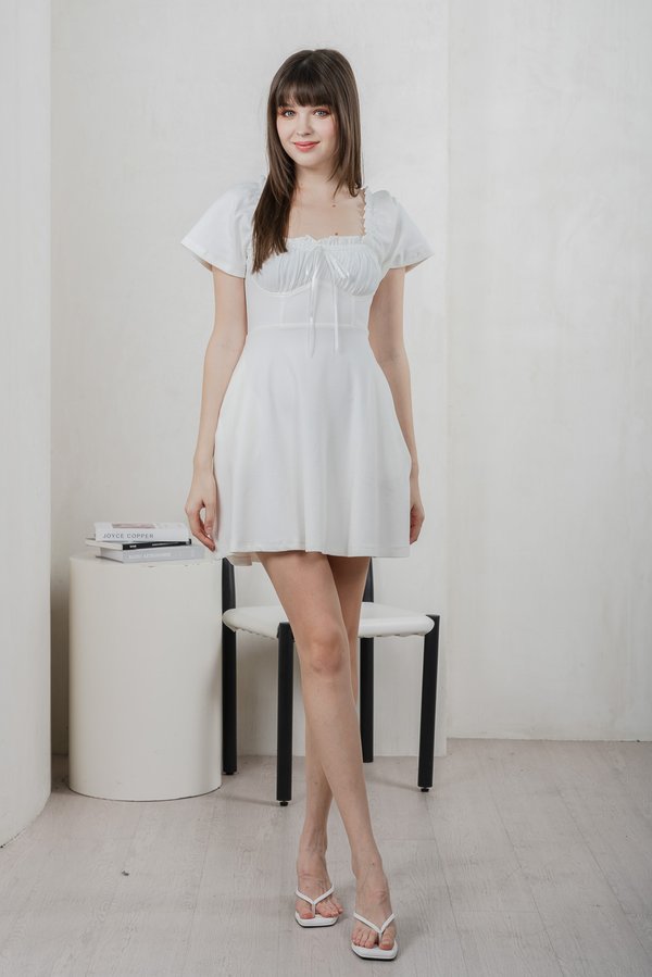 Lux Ribbon Cotton Ruched Dress In White