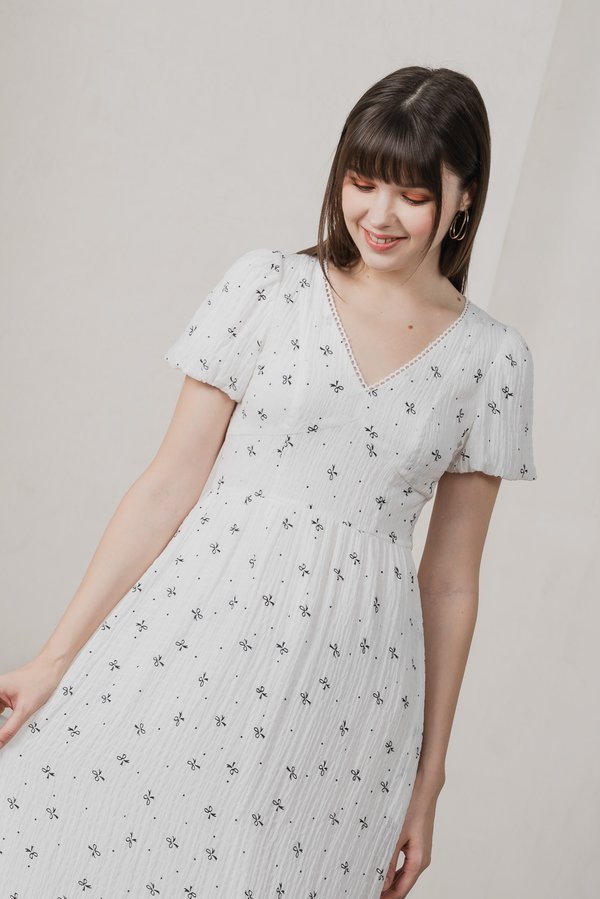 Flair Ribbon Prints Empire Midi Dress In White