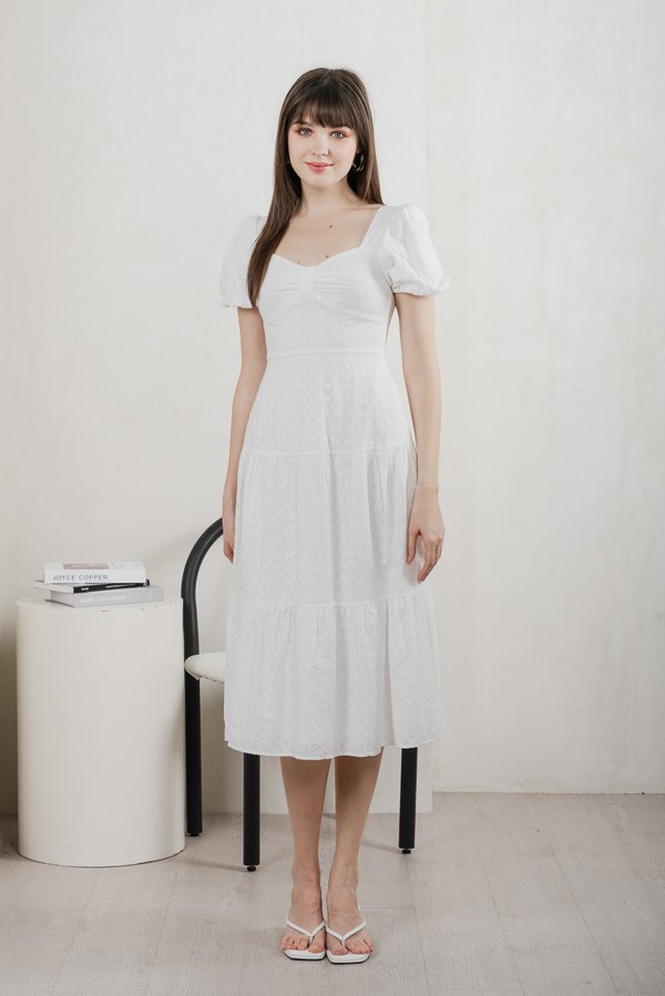Bambi Ribbon Embroidery Tiered Midi Dress In White