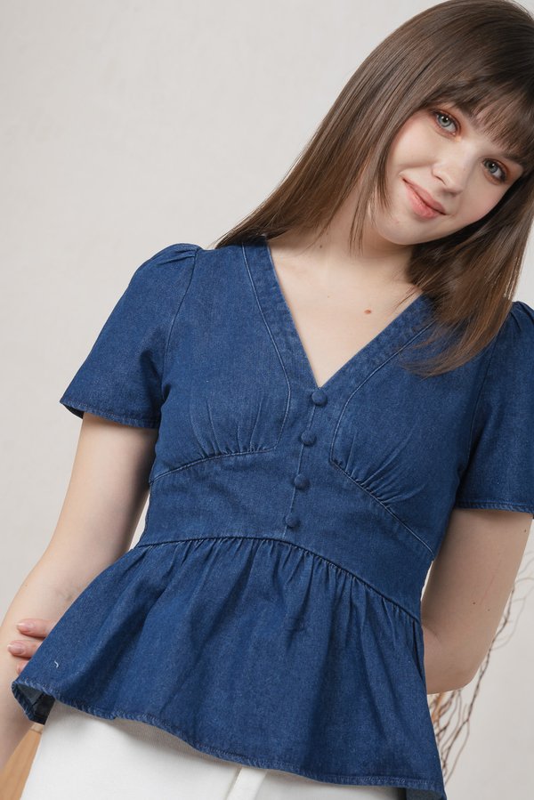 Euphoria Denim Empire Waist Top In Dark Wash (XS)