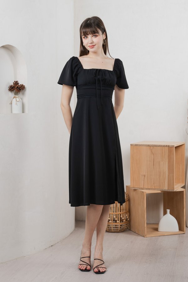 Calani Ruched Crochet Midi Dress In Black (XS)