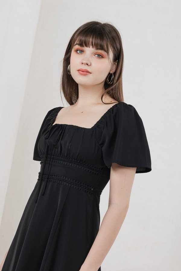 Calani Ruched Crochet Midi Dress In Black (XS)