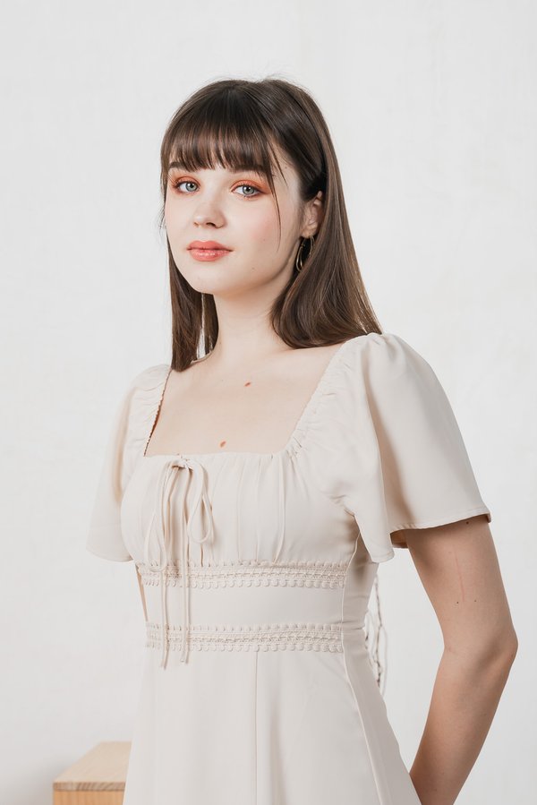 Calani Ruched Crochet Midi Dress In Cream (XS)