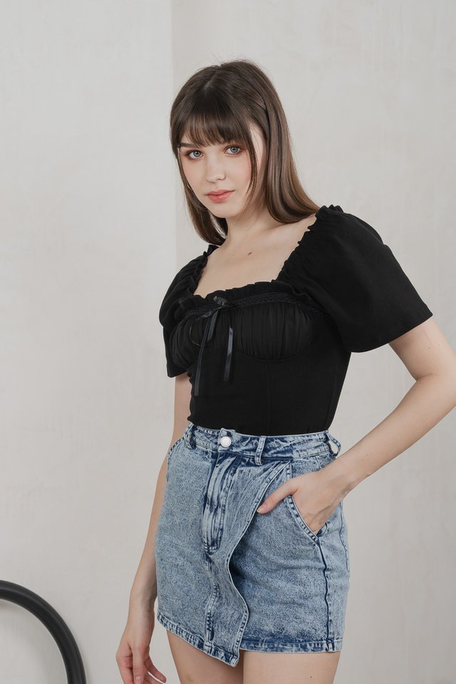 Lux Ribbon Cotton Ruched Top In Black