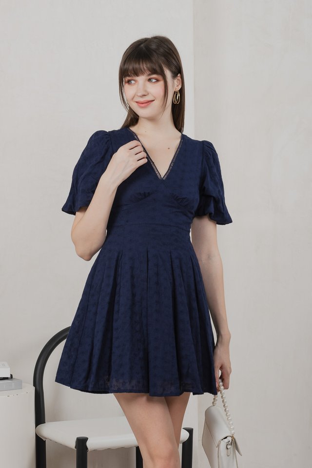 Esme Empire Broderie Dress In Navy