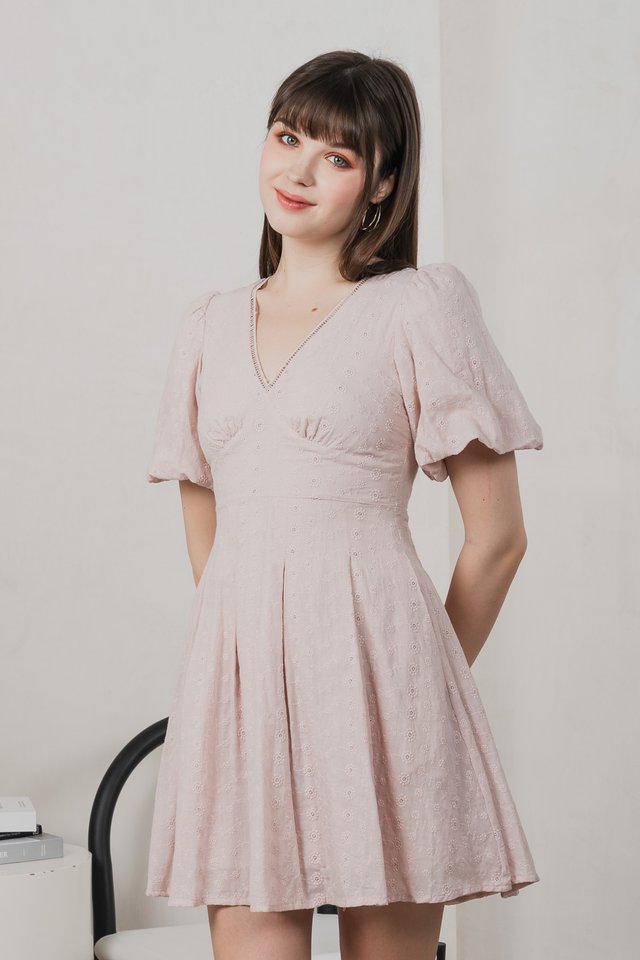 Esme Empire Broderie Dress In Dusty Pink
