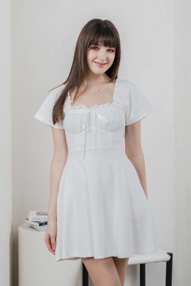 Lux Ribbon Cotton Ruched Dress In White