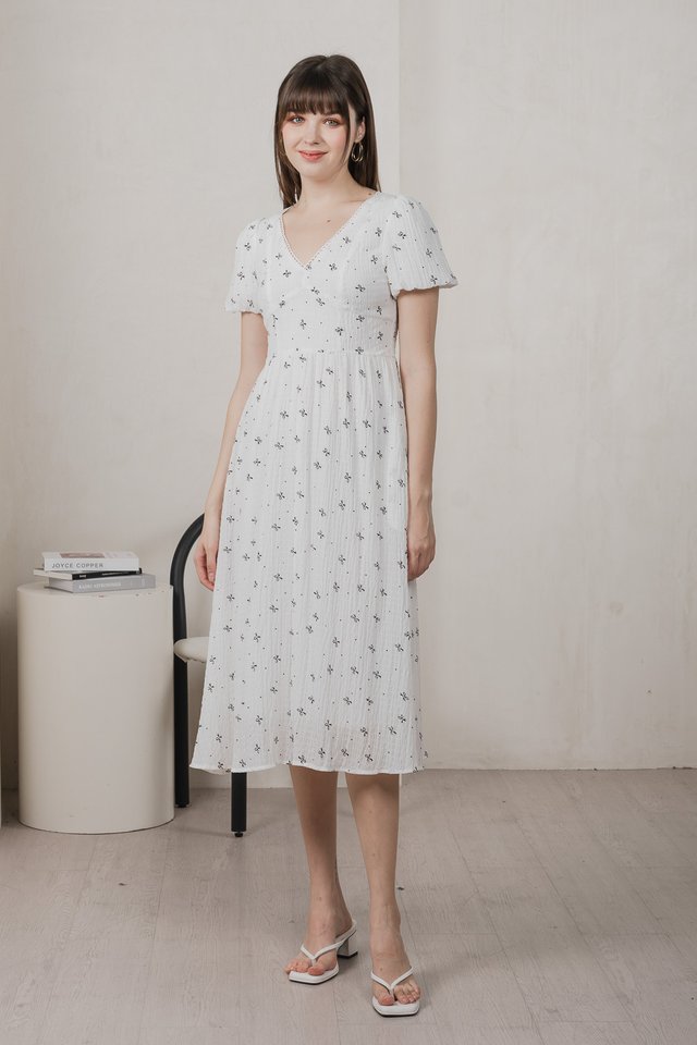 Flair Ribbon Prints Empire Midi Dress In White