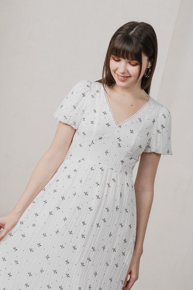 Flair Ribbon Prints Empire Midi Dress In White