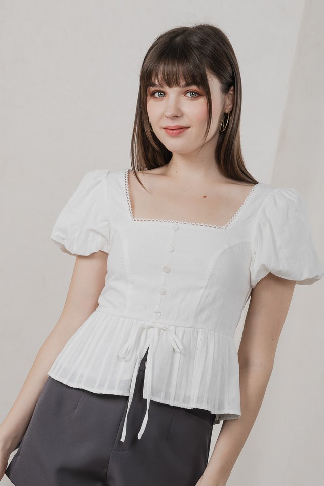 Twilia Textured button Pleated Top In White