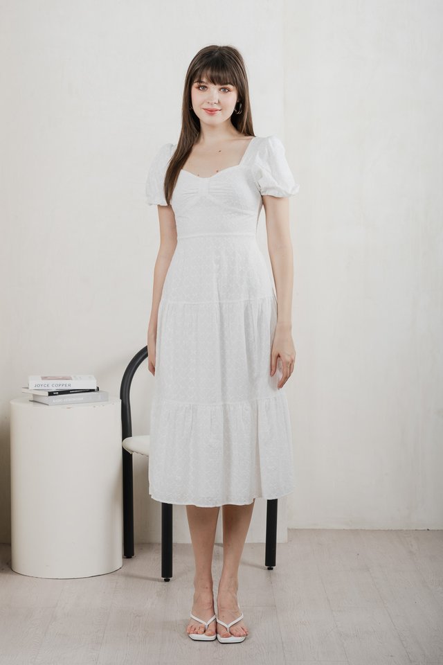 Bambi Ribbon Embroidery Tiered Midi Dress In White