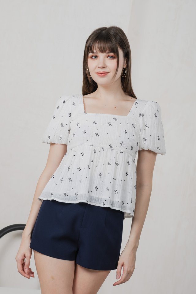Flair Ribbon Prints Babydoll Top In White