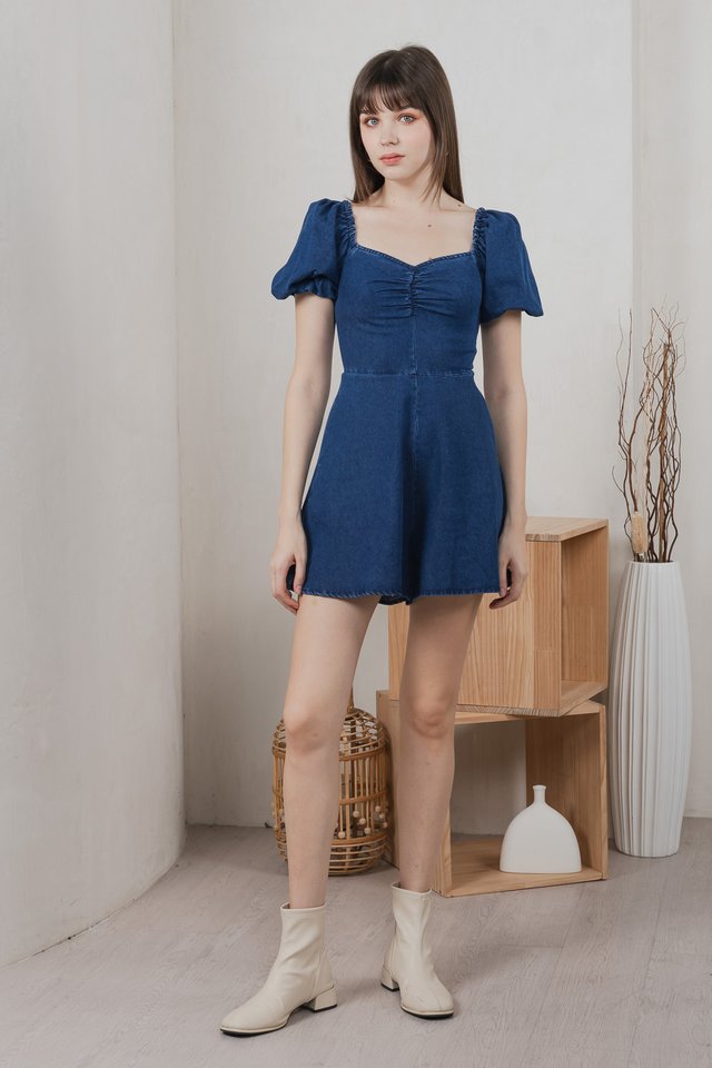 Moon Denim Sweetheart Romper In Dark Wash