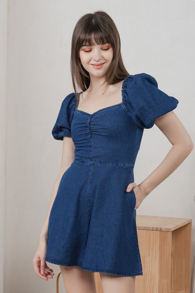 Moon Denim Sweetheart Romper In Dark Wash
