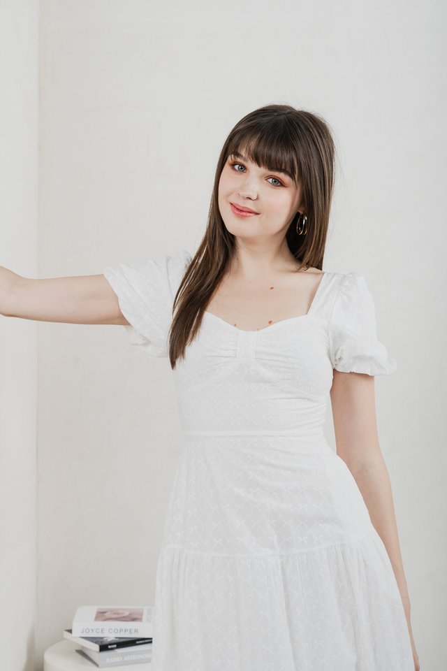 Bambi Ribbon Embroidery Tiered Midi Dress In White