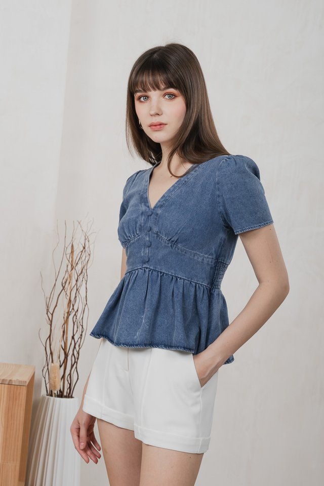 Euphoria Denim Empire Waist Top In Mid Wash