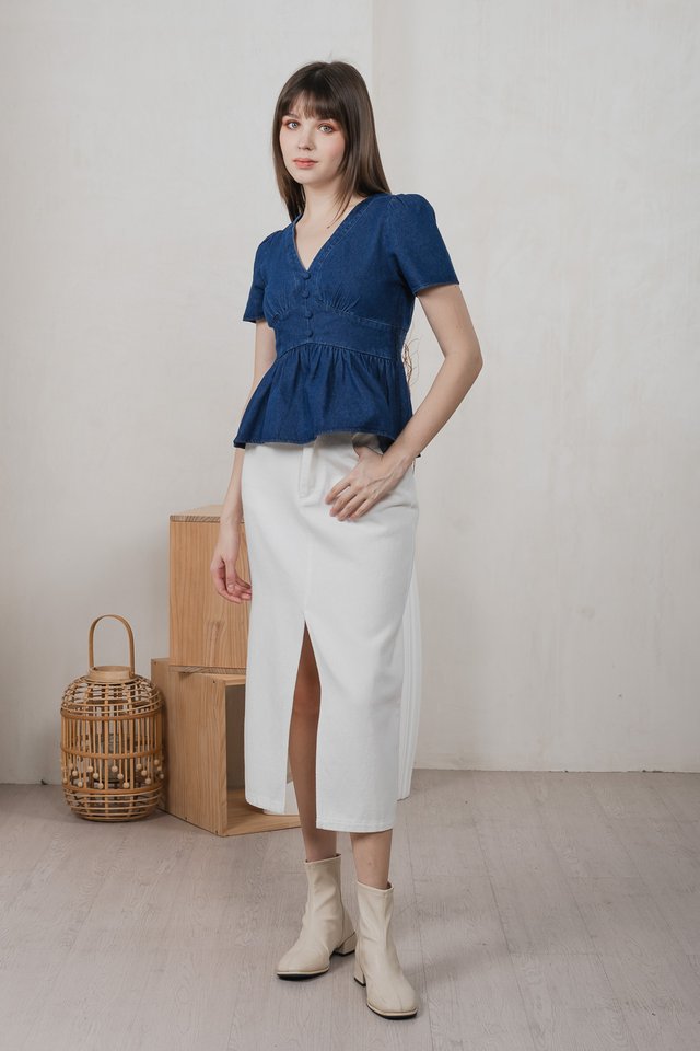 Euphoria Denim Empire Waist Top In Dark Wash