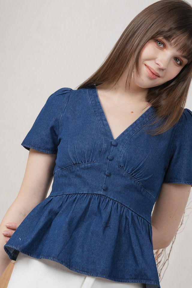 Euphoria Denim Empire Waist Top In Dark Wash