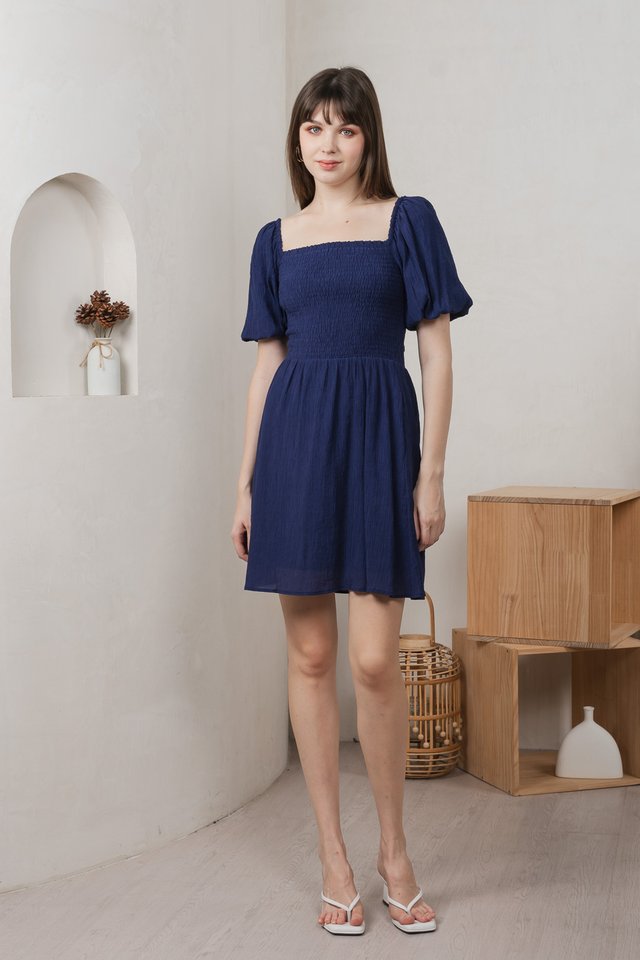 Dewdrop Textured Smocked Dress In Navy