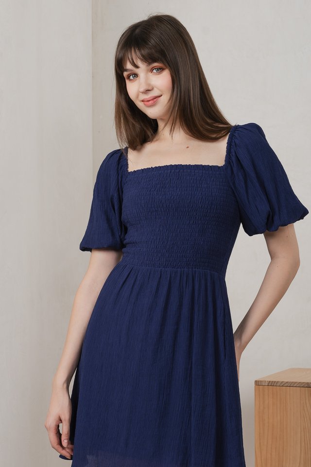 Dewdrop Textured Smocked Dress In Navy