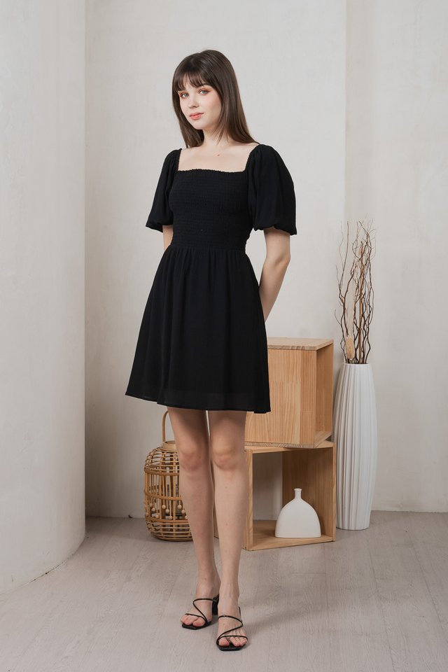 Dewdrop Textured Smocked Dress In Black