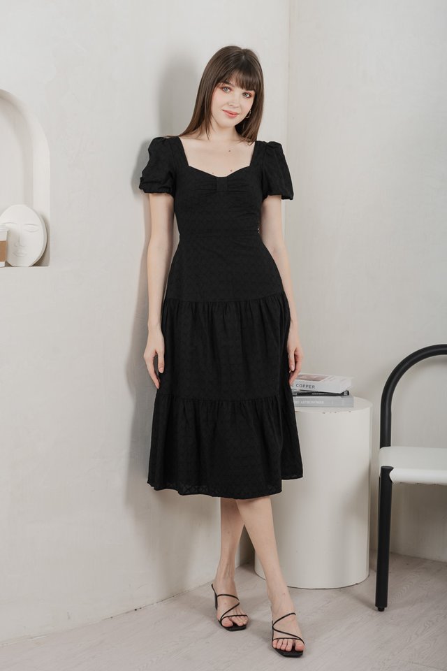 Bambi Ribbon Embroidery Tiered Midi Dress In Black