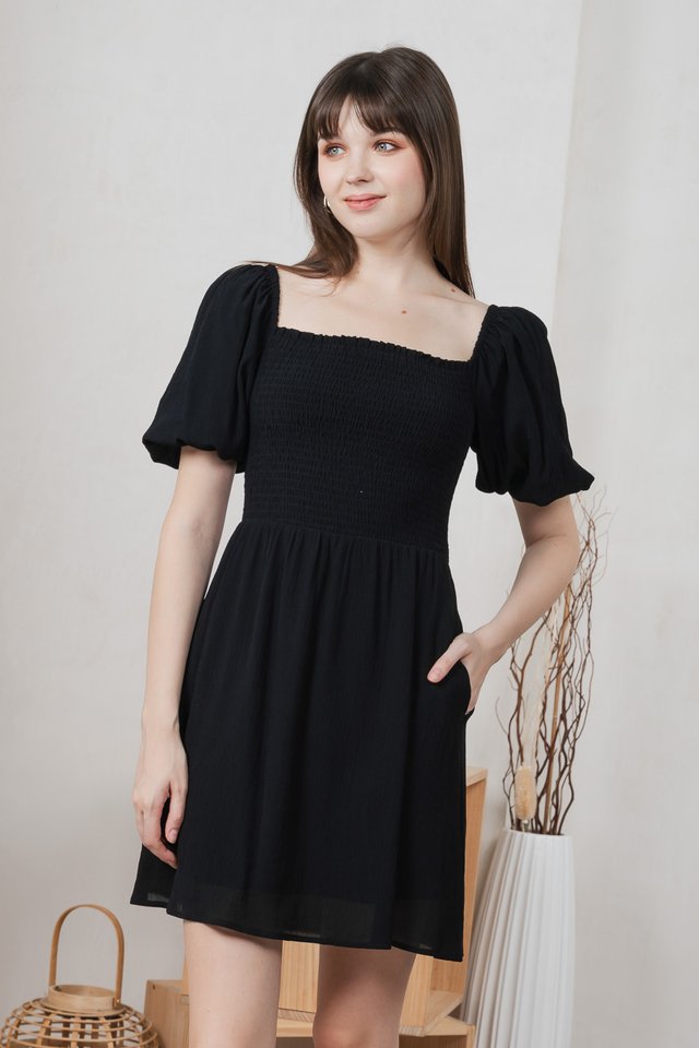 Dewdrop Textured Smocked Dress In Black