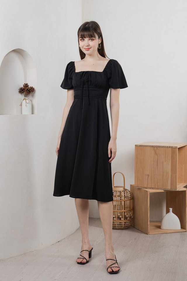 Calani Ruched Crochet Midi Dress In Black