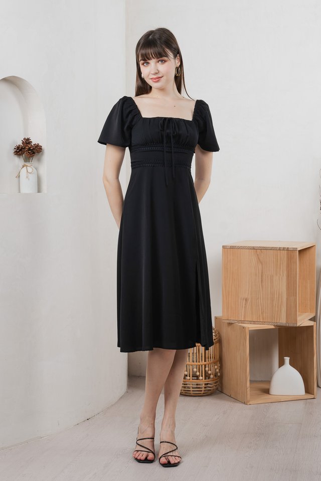 Calani Ruched Crochet Midi Dress In Black