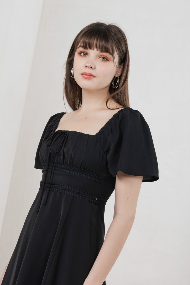 Calani Ruched Crochet Midi Dress In Black