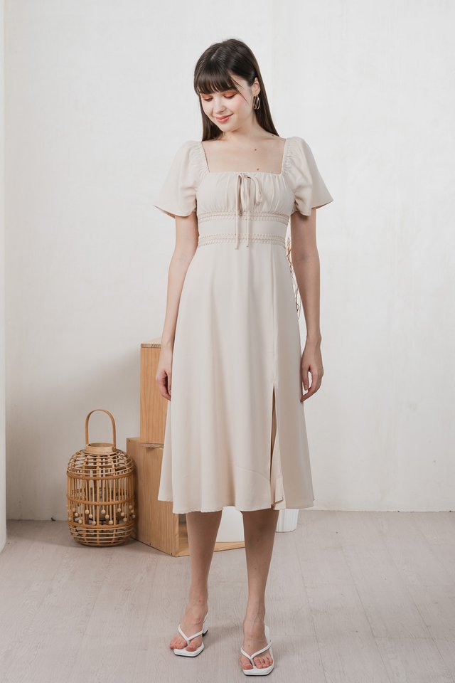 Calani Ruched Crochet Midi Dress In Cream