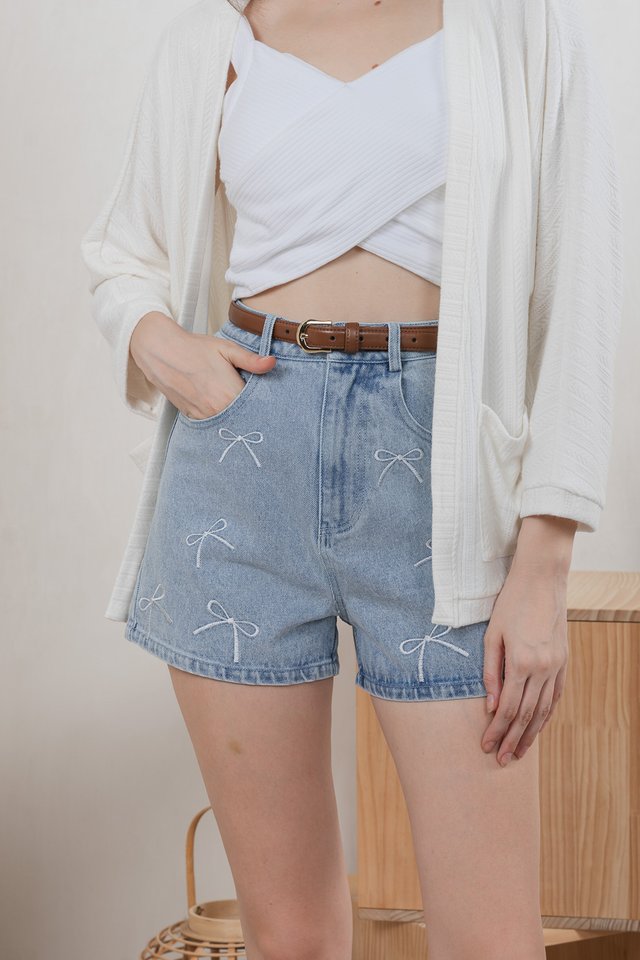 Aimee Ribbon Denim High Waist Short In Light Wash