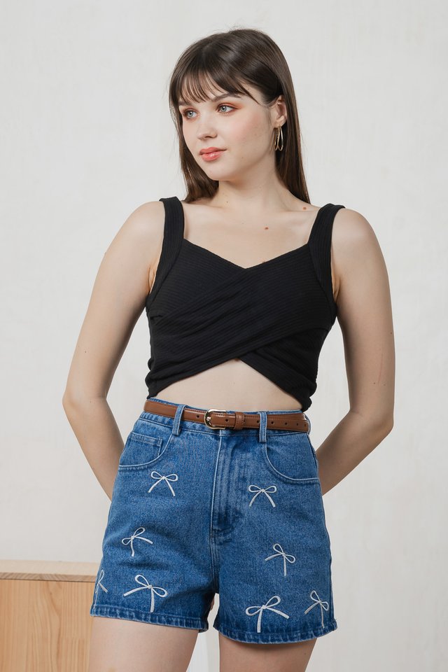 Aimee Ribbon Denim High Waist Short In Dark Wash