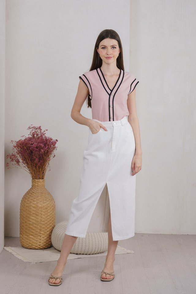 Rosalee Floral Button Ribbed Top In Dusty Pink