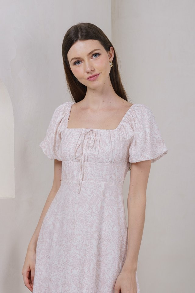 Meadow Prints Ruched Midi Dress In Pink