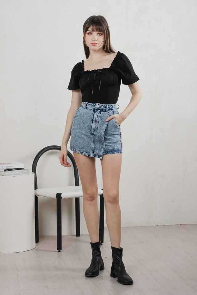 Lux Ribbon Cotton Ruched Top In Black