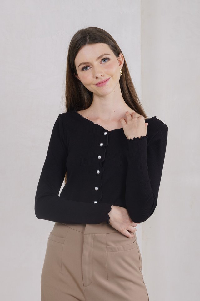 Nadine Pearl Button Knit Cardigan In Black