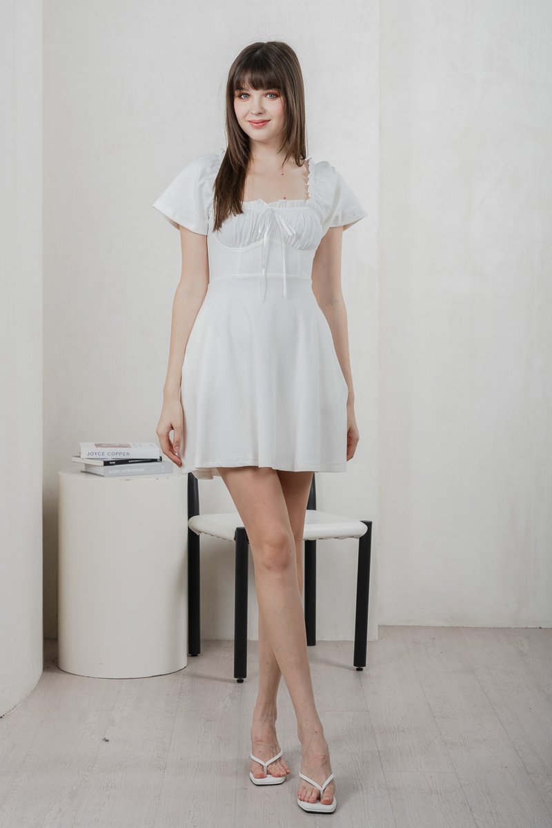 Lux Ribbon Cotton Ruched Dress In White