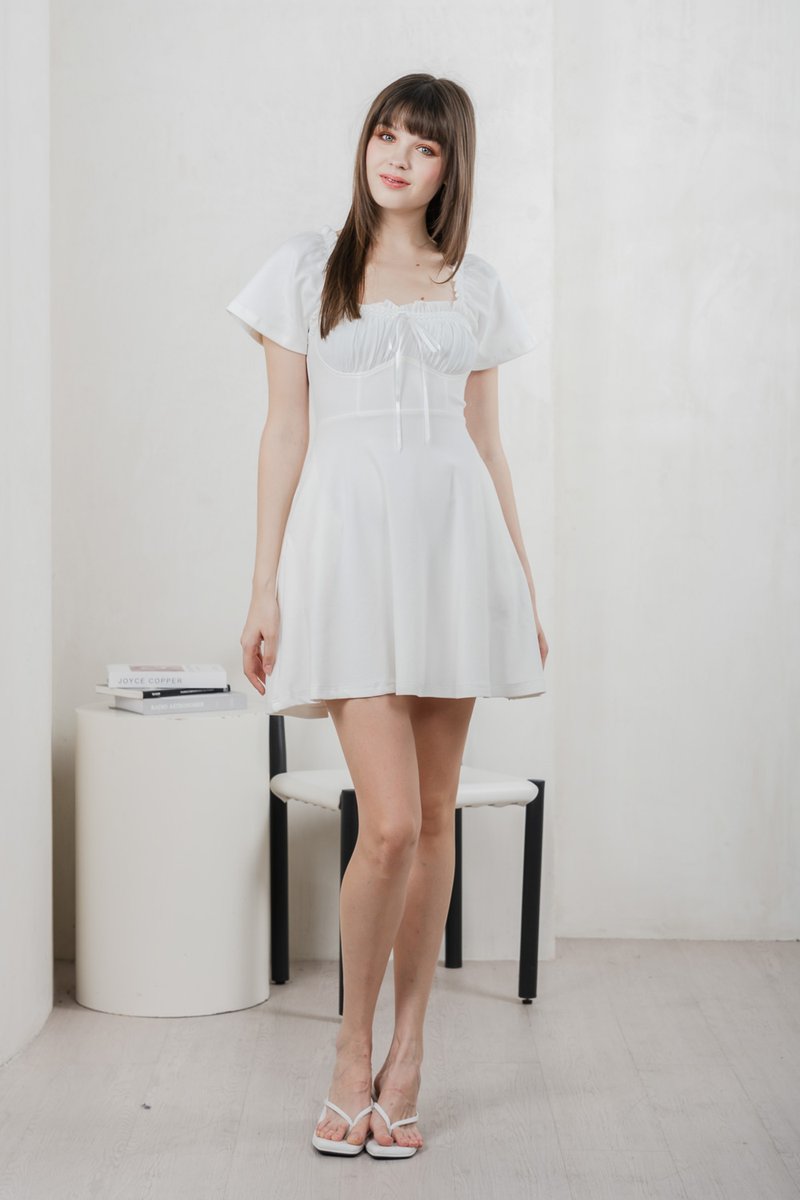 Lux Ribbon Cotton Ruched Dress In White