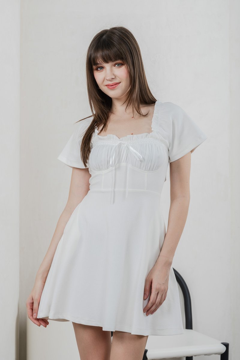 Lux Ribbon Cotton Ruched Dress In White